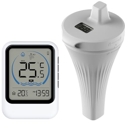 Pool Thermometer Funk, IP67 Wasserdicht Schwimmbad Thermometer mit Indoor Temperatur Monitor,Wireless Digital Pool Thermometer für 50m Reichweite für Schwimmbäder Aquarium Badewannen Teich