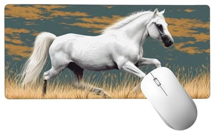 Tapis de Souris Blanc Tapis de Souris XXL 1400x600 mm, Grand sous Main Bureau Gaming avec Bords Surpiqués et Dos Antidérapant, Cheval Mouse Pad Gamer pour Clavier et Souris, Cadeaux pour Hommes H-185