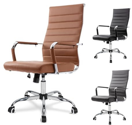UEV Bürostuhl Ergonomisch aus Kunstleder S-förmige Lendenwirbelstütze belastbar Schreibtischstuhl mit Armlehne Moderner Drehstuhl Office Chair Wippfunktion höhenverstellbar bis 150 kg Braun