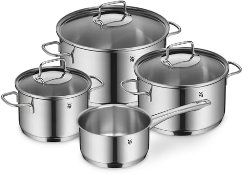 WMF Astoria Kochgeschirr-Set, 4-teilig, hohe Kochtöpfe mit Deckel (16/24 cm), niedriger Kochtopf mit Deckel (20 cm), Stielkasserolle (16 cm), Cromargan Edelstahl poliert, induktionsgeeignet