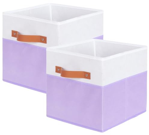 powerking Contenitore contenitore di stoccaggio in tessuto, 2 Pack pieghevole panno di stoccaggio cubo organizzatore cassetto con maniglia per armadio e giocattoli di stoccaggio, Bianco + Viola Chiaro