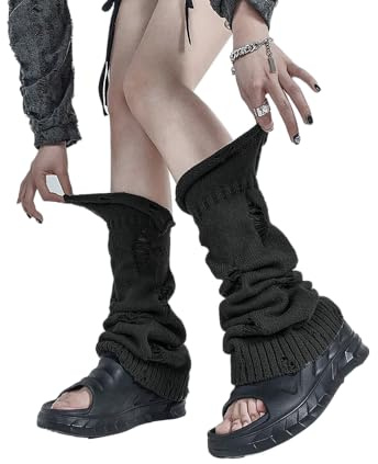 IKIOU Gothic Distressed Harajuku Leg Warmers, Black White Gray, Knit Material, One Size, Y2K Alternative Fashion Style, Slouchy Design (Black, Suitable for calf circumferences within 15in)