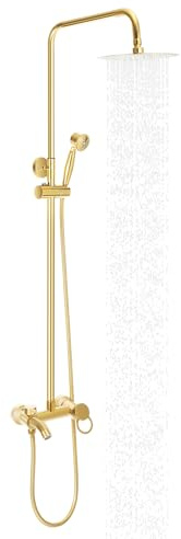 awolsrgiop Duschsäulen-Brausegarnitur, 3 Strahlarten Mit 20cm Rund Regendusche Abs Handbrause, 80-117cm Höhenverstellbare Duschstange Chrom Duschstange 360° Kopfbrause Duscharmatur Gold