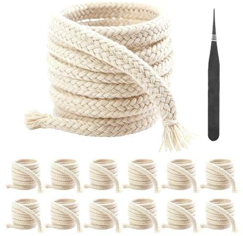 12 Pz Stoppini per Lampade ad Olio, 6 mm x 1 m Stoppini di Ricambio per Lampade a Olio, Stoppino per Lampada a Olios Rotondi Intrecciati in Cotone per Bruciatori a Olios da Giardino, con Pinzette