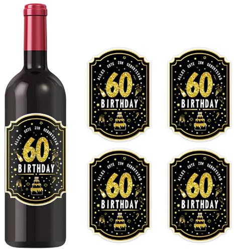 Ovanda 24 Stück Aufkleber 60 Geburtstag 15 x 10 cm, Flaschenaufkleber Schwarz Gold für Weinflasche, Flaschenetiketten Happy Birthday Sticker Groß, 60 Geburtstag Geschenk für Mann Frau Party