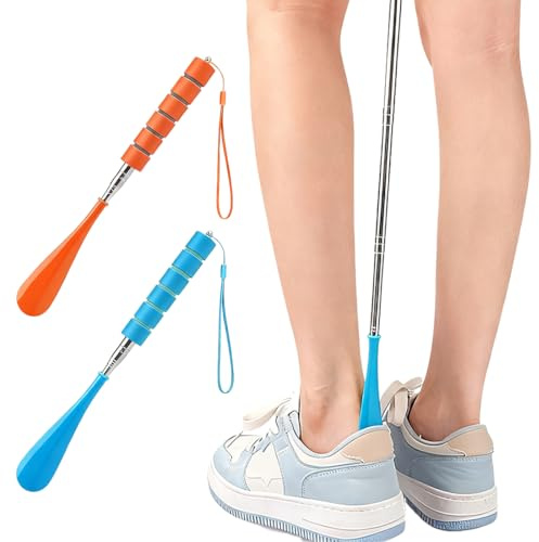 YUVKIN 2 Pezzi Calzascarpe Telescopico, Calzante per Scarpe Lungo con Impugnatura Comoda, Asta in Metallo (28-70 cm) (Arancione e Blu)