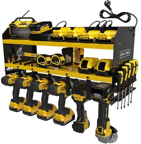 Toolganize Elektrowerkzeug-Organizer mit Steckdosenleiste & Ladestation, Schwerlast-Werkzeughalter für Werkstatt & Garage, 6-fach Halterung, Yellow.