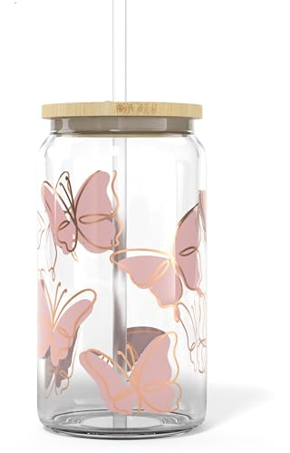 JZSMY Iced Coffee Glasses Cup with Bamboo Lid and Glass Straw, 500ml Butterfly Transparent Cup, Beer Can Shaped Mug for Women, Cute Tumbler Cup for Friend Birthday Valentine Christmas (Butterfly)