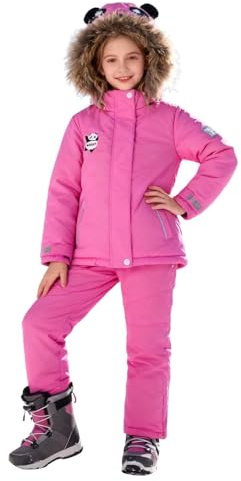 Barn snödräkt vattentät dunjacka med huva pufferbyxor set solid varm kappa haklapp byxor salopette pojkar flickor vinterkläder vindtät skiddräkt set utomhus skidåkning snowboard, Rosa (Hot Pink), 6-7