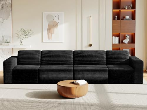 Modulares Cord-Ecksofa in Schwarz, 404 cm großes 4-Sitzer Sofa mit Federkern, extra tiefer Sitzfläche und beweglichen Modulen, flexibles Design für große Wohnzimmer, keine Montage erforderlich