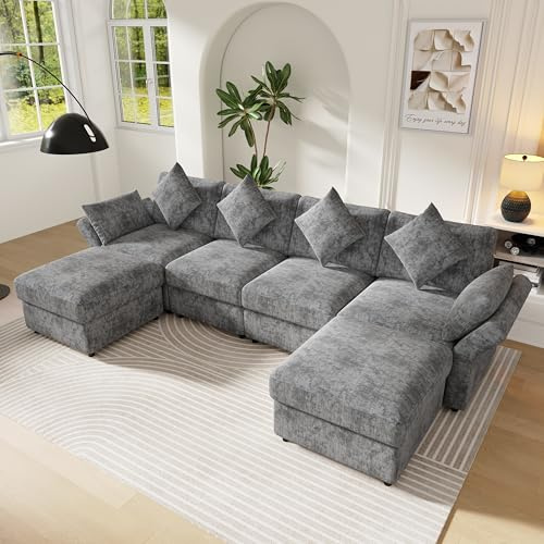BTM U Form/L Form Ecksofa mit 2 Hockern, Wohnzimmer Modulares Sofa mit Verstellbaren Armlehnen, Cloud Couch Grau