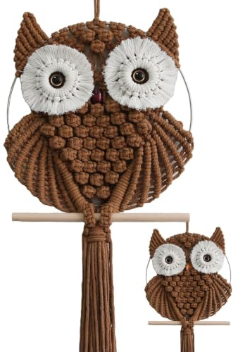 Achart Eule Makramee Wandbehang, handgewebter Boho-Wandteppich, Makramee-Wanddekoration | Makramee-Eulen-Dekor für Schlafzimmer, Wohnzimmer, Kinderzimmer (Braun-L&S)
