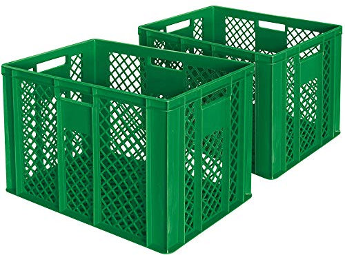 BRB 2x Eurobehälter/Bäckerkiste, LxBxH 600x400x410 mm, lebensmittelecht, Boden und Wände durchbrochen (grün)