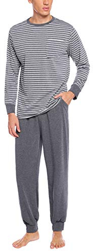 Sykooria Herren Schlafanzug lang mit Bündchen aus Baumwolle Zweiteiliger Pyjama Herren lang, Langarm Shirt & Schlafanzughose