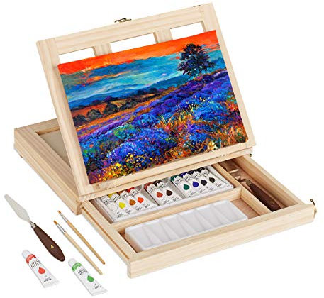 Relaxdays Set Pittura in Valigetta, Kit Cavalletto Tavolo, 19 Accessori con Tela, Tavolozza, Pennelli, Colori, Naturale, 1 pz