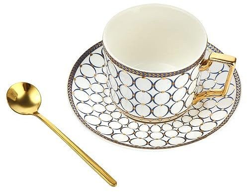 Set di tazze da tè e piattini in stile europeo, 250 ml, in porcellana Bone China, con piattino e cucchiaio dorato (bianco)