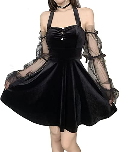 DINGJIUYAN Gothic Velvet Dress Women Halter Off Shoulder A-Line Dress | Sheer Long Puff Sleeve,Backless Halloween Vintage Dresses
