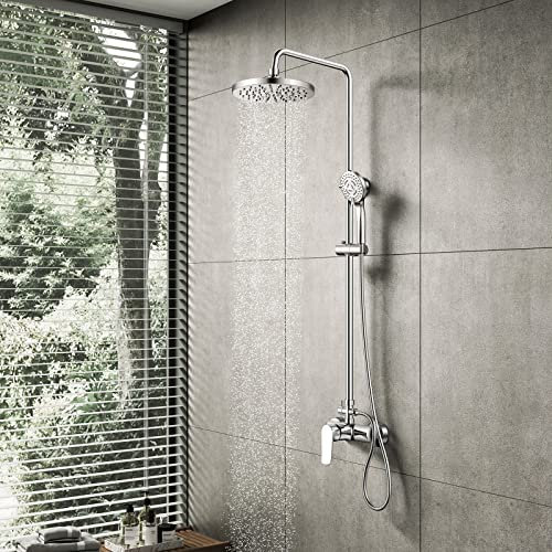 Duschsystem mit Einhebelmischer, YOOZENA Duschset (Duscharmatur, Regendusche, Duschkopf mit 3 Strahlarten, Duschstange) Rund Chrom