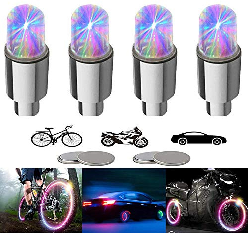 YUERWOVER 4 Pack LED Bike Wheel Lights Car Tire Valve Stems Caps Bicycle Motorcycle Waterproof Tyre Spoke Flash Lights Cool Reflector Accessories for Kids Men Women with 10 Extra Batteries(Colorful)