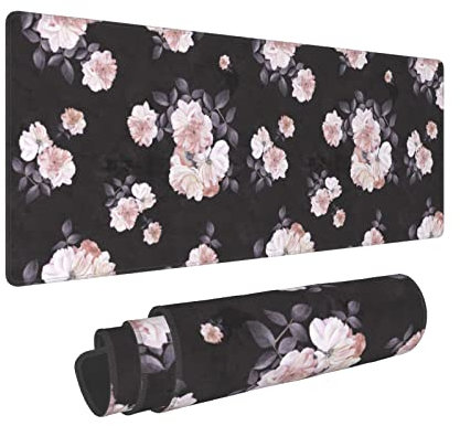 Floral Gaming Mouse Pad 31.5×11.8 Inch XL Pink Peony Black Background Extended Large Mouse Pad Non-Slip Rubber Base Laptop Desk Pad Computer Keyboard Mouse Mat Home Office Decor Accessories