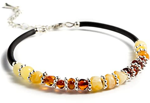 Bracelet en ambre de la Baltique avec cordon en caoutchouc fait à la main pour femme - Taille du poignet 16 cm - 19 cm, Medium, Caoutchouc Pierre, Ambre