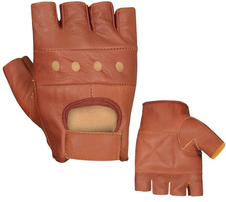 MARIB Gants demi-doigts en cuir pour cyclisme, fauteuil roulant, gym, bus, conduite, haltérophilie (marron, taille S)