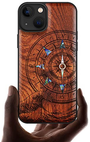 Carveit Coque magnétique pour iPhone 13 Étui [Gravure en Bois et Incrustation de Coquille] Luxe Étui Compatible Magsafe avec 13 Artistique Coque (Rosé-Boussole d'onde)