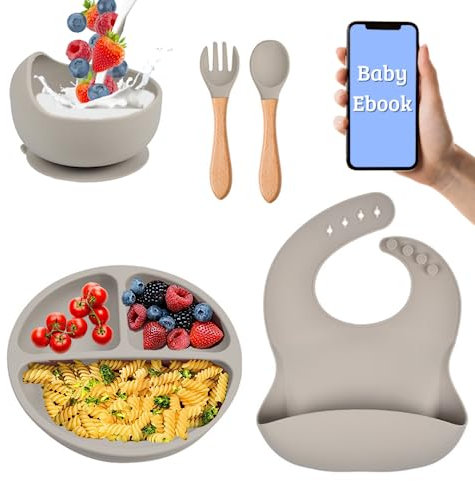 Vajilla Bebe | Silicona | Libre de BPA | Incluye Plato con Ventosa, Cuenco con Ventosa, Cuchara y Tenedor, Babero + EBOOK de regalo | Extrafuerte