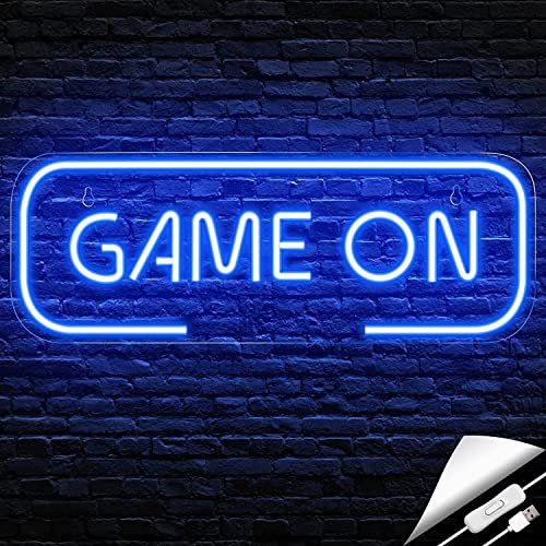 TIST Game On Neon Sign Lights, Gaming Room Decor Luci notturne USB a LED Blu con Interruttore, Cartello Luminoso Appeso a Parete, 34X13cm