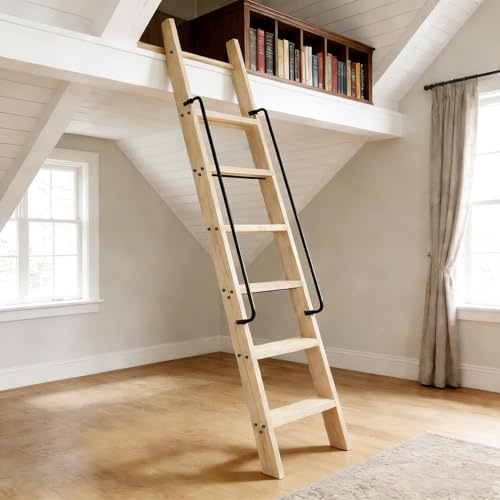 104RDHOUSE 87in Attic Rolling Library Ladder, 8 Step Wooden Ladder with,Ladder Bookshelf,Wall Stairs Red Oak Stair Platform Bunkbed Ladder,for Home Kitchen,Warehouses,Bookstore,DIY Stain