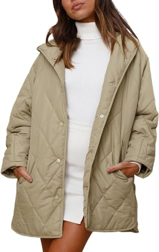 Vagbalena Piumino Casual Invernale da Donna Casual Trapuntato con Cappuccio Trapuntato a Rombi Piumino Casual con Cappuccio Oversize con Bottoni (Cachi,XL)