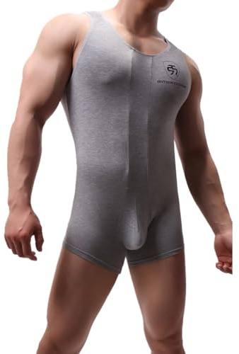 Juflam Herr modal bomull ett stycke bodysuit brottning singlet atletisk leotard underkläder gym sportkläder undertröja, GRÅ, L