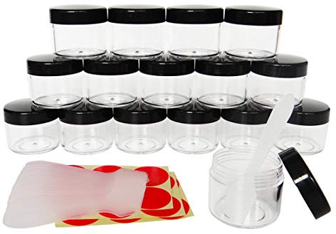 Wopanxye 16pack 20ml Empty Makeup Sample Jar, Refillable Cosmetic Container | 20g Small Travel Size Round Pot Black Screw Cap Lid for Eyeshadow Cream Bath Lotions Lip Gloss Balms, FREE Spatula +Label
