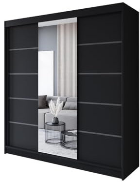 Easy4You R6 200 cm Schwarz Schiebetüren Kleiderschrank 200x215x58 cm mit Spiegel - Schlafzimmermöbel, Aufbewahrung - Mehrzweckschrank