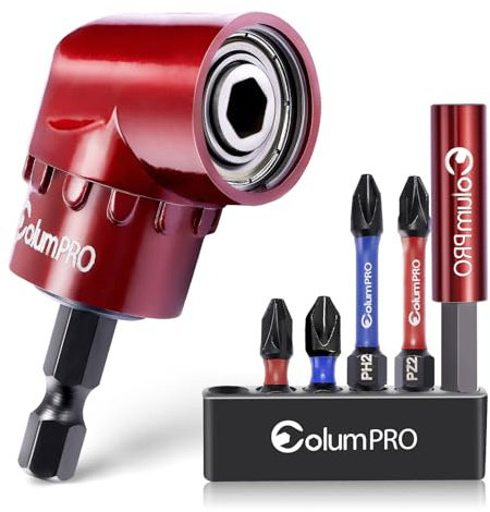 ColumPRO 105 Degree Right Angle Drill Screwdriver Bit Set, 1/4” Hex Shank Right Angle Drill Attachment with 4PCS PZ2 & PH2 Screwdriver bits and bit holder