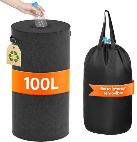 Lifewit 100L Kreis Pfandflaschen Sammelbehälter mit Deckel, Großer Pfandflaschen behälter für die Leergutaufbewahrung, Flaschensammler mit Loch Küchenaufbewahrungsraum Flaschentasche, Schwarz