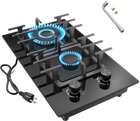 Nafewin 2 Burner Gas Stove Propane Cooktop, Tempered Glass Gas Cooktop 12 inch Stainless Steel Gas Burner with Thermocouple Protection, Lpg/Ng Dual Fuel Built-in Gas Stove Top for Apartments, Rvs