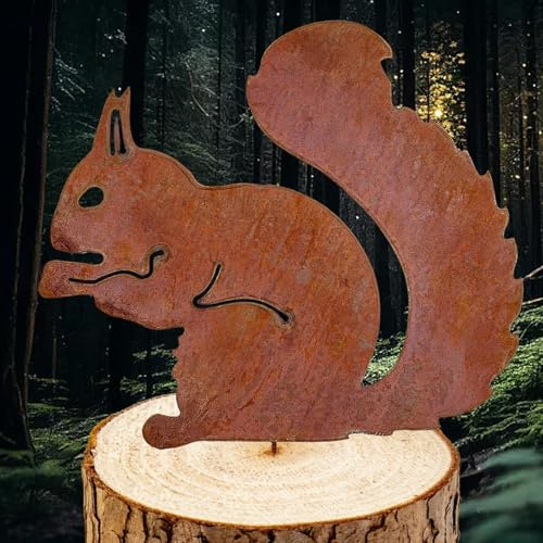 Crrynuo Sitzendes Eichhörnchen Rost Deko Metall Gartenstecker | Zum Schrauben in Holz, Für draußen, Baumstecker für Rasen, Baumstumpfdekoration, Eichhörnchen Figur