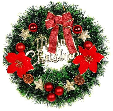 TianWlio Innen Außen Neujahr Garten Weihnachtsdekoration Weihnachtskranz für die Haustür, Weihnachtskranz mit großem roten Gitter, Schleife, Nadelkranz mit roten, Weihnachten und (D, One Size)