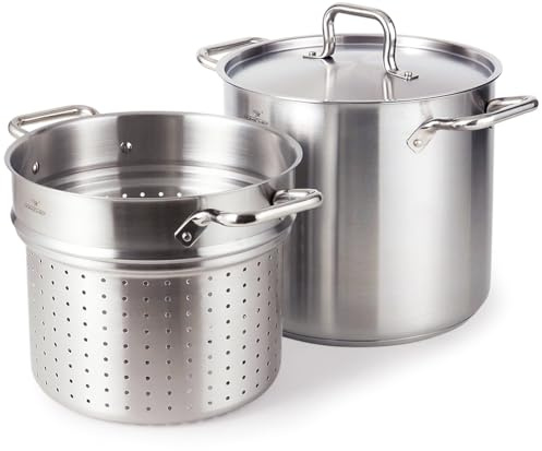 HOMICHEF 13 Quart Nickel Free Stainless Steel Pasta Pot With Strainer and Lid - Commercial Grade Stainless Steel Veggie Steam Baskets - Matte Polished 13 Quart Induction Steamer Pots Strainer Set