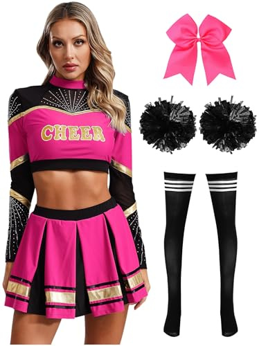 inhzoy Damen Cheerleading Kostüm High School Cheer Leader Rock Langarm Crop Top Pompons 2er/4er/5er Set Halloween Karneval Kostüm