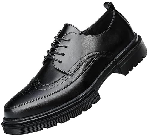 Men's Platform Dress Shoes Vintage Leather Brogue Wingtip Oxfords Classic Lace-up Lug Sole Casual Derby Shoes Black 46