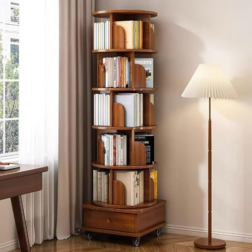 Drehbares Bücherregal mit 5 Etagen, Turm auf Rädern, Holz und Metall, Eck-Bücherregal für Wohnzimmer, Schlafzimmer, Arbeitszimmer, platzsparend, bodenstehendes Regal (Walnuss)