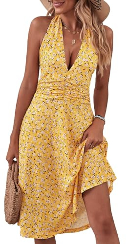 HUXRAKV Vestito Estivo da Donna Abito Floreale Senza Maniche con Scollo a V con Tasca per Vacanze Casual, 35-Giallo, M