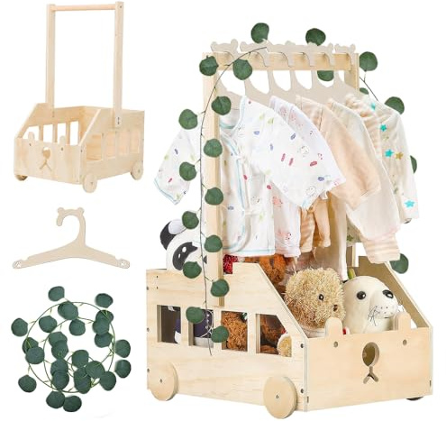 Jonuin Holz Baby Geschenk Korb, Baby Korb Geschenk mit Griff Dekorblättern und 5 Kleiderbügel, Holz Babyparty Schrank, Personalisierte Babygeschenk für Baby Shower schwangere neue Eltern