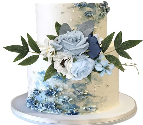 Xsstarmi 1 Pack Assembled Artificial Flowers Cake Topper Decoration Artificial Leaves Fake Flowers Blue Rose Cake Pick for Wedding Birthday Valentine's Day Party DIY Cake Decorations Supplies