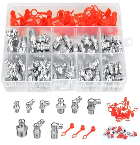 Ksnowqi 105 Pezzi Set di Ingrassatori, Ugello Ingrassatore in Dritto e Angolato 45° 90° 180°, M6 M8 M10 Testine Ingrassatori Caterpillar, Grasso Raccordo Assortimento per Attrezzature Meccaniche
