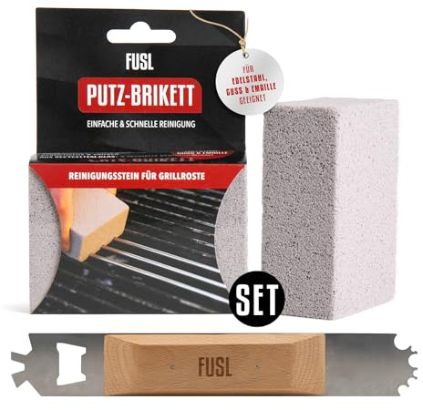 FUSL Grillrost Reiniger Starter Set - Grillschaber & Putz-Brikett - Effektive Reinigung für alle Grillroste (Guss, Edelstahl, Emaille) - gegen hartnäckige Verschmutzung