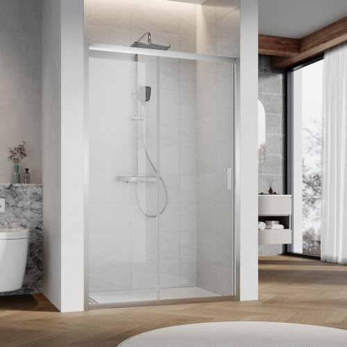 SUNXURY Schiebetür 150x185cm 5 mm Sicherheitsglas Klarglas Duschtür Silber | Duschtür Einzelschiebetür mit Schiebetür,Silber Aluminiumrahmen,hochwertigen Rollen,Platzsparend,für kompakte Badezimmer