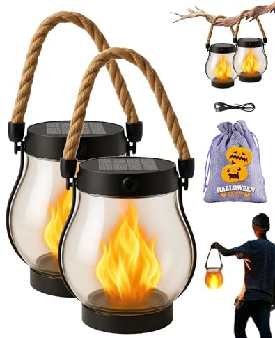 Kaliqo Solar Lantern Outdoor Lights with Dancing Flame, Waterproof Flickering Flame Solar Light for Garden Patio Camping, Hanging Decorative Solars Lantern with Hemp Rope (2Pcs)